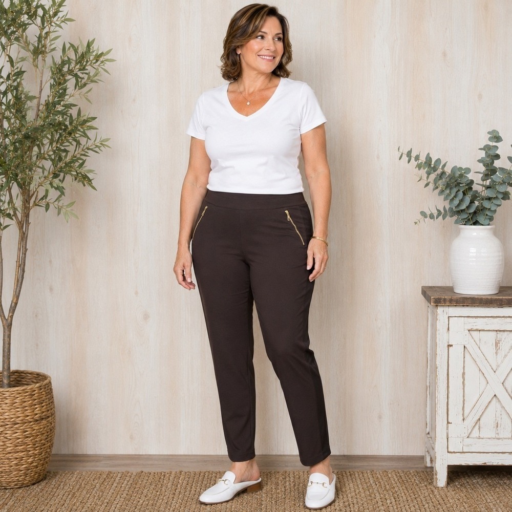 Chico's Zenergy XL Brown Travel Ankle Pants‎ Gold Zip Stretch Athleisure